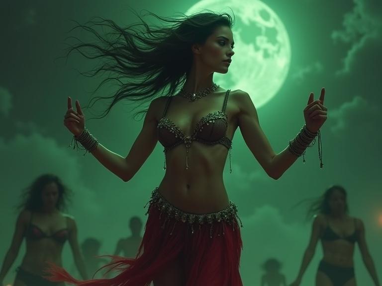 A dark sorceress casting a spell. She wears a jeweled bikini top and a flowing tattered red skirt. Her arms are adorned with jewelry. Dark human figures appear in the mist. The scene is illuminated by a blood moon.
