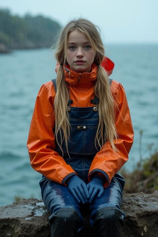 Young woman with long blonde hair in two pigtails. Wearing orange mackintosh and navy blue latex dungarees. Sitting on cliff by cold sea in rain. Expression is wistful and contemplative. Background includes storm clouds and a forest.
