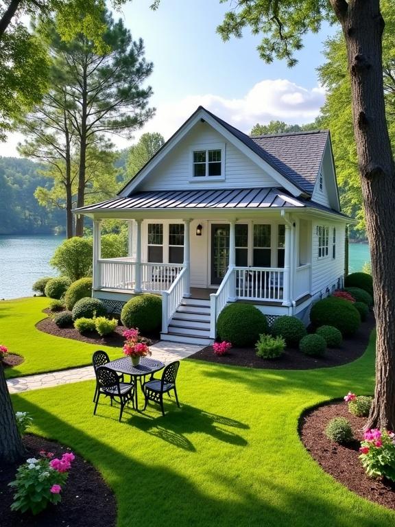 A charming lakeside home with a well-kept garden and outdoor seating area against a tranquil backdrop. The house is one story with a steep metal roof and white exterior, surrounded by a lush lawn and colorful flowers. A black metal table and chairs sit in the garden, overlooking a calm lake. Tall trees and a clear sky complete the peaceful scenery.