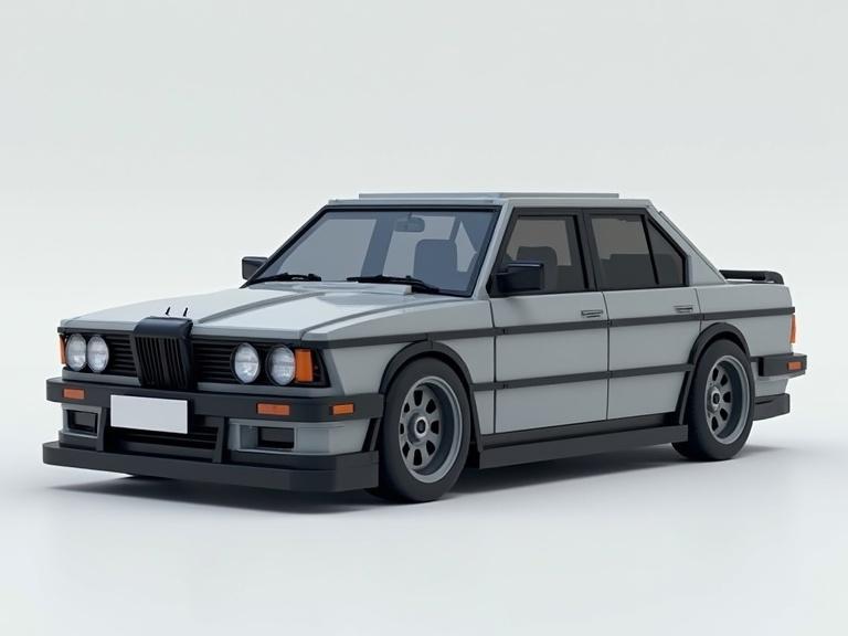 Gray BMW sedan in voxel style with cubical 3D design showcasing a modern aesthetic.