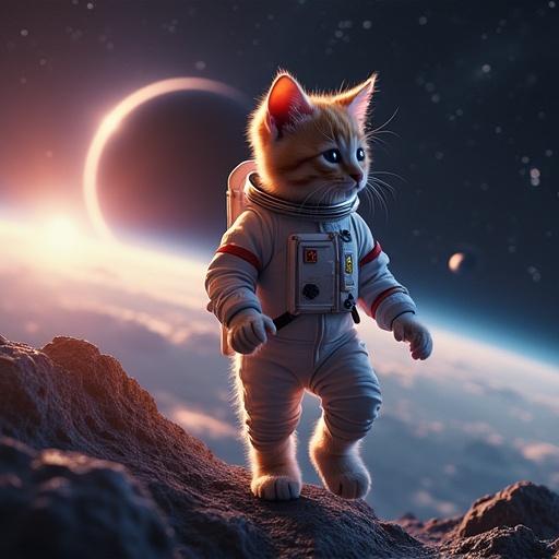A kitten dressed in a space suit is doing a spacewalk near a black hole. The scene is set in space with planets and stars visible in the background.