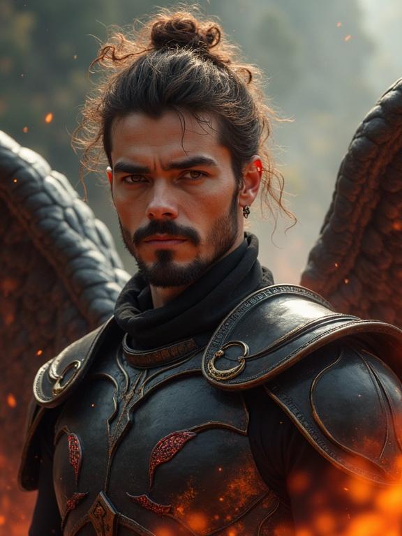 High resolution image features a man with wings standing in smoke and flames. Slim full body is encased in obsidian armor with glowing crimson runes. Face has strong jawline and prominent cheekbones. Goatee styled beard on chin connects lightly to a mustache. Clean-shaven sides. Eyes are hazel-green with a tired look. Eyebrows are thick and expressive. Straight nose is moderately long. Medium-full lips shaped in a neutral line. Ears partially visible with small hoop earring. Hair thick with curls swept in a messy topknot, rich brown base with golden streaks.