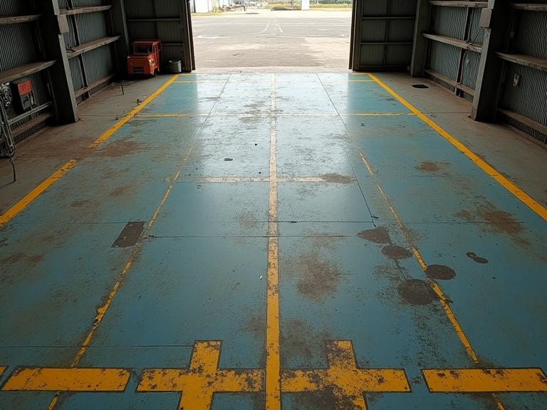 A top-down view of a military hangar interior. The floor has oil stains and faded paint lines. There is a flat grid layout on the ground.