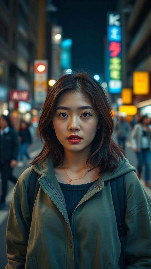 This image features a young woman standing in a bustling city street at night. The background is filled with neon signs and blurred figures of people walking, lending an urban atmosphere to the scene. Her expression is one of calm confidence, captured with a focus on her face against the lively backdrop.