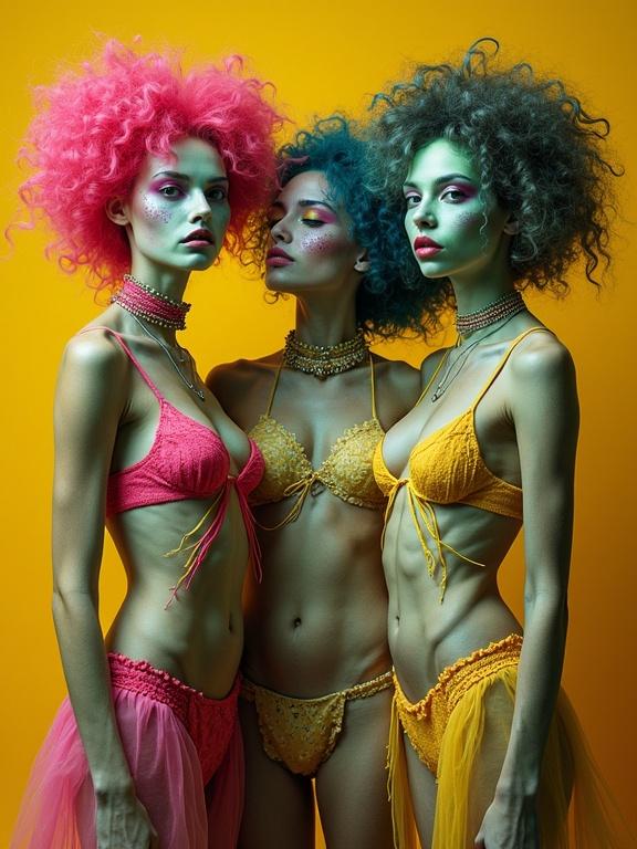 Surreal portrait featuring three models in see-through bikinis. Attire includes shades of green, magenta, yellow and blue. The background is yellow ocher and burnt sienna.