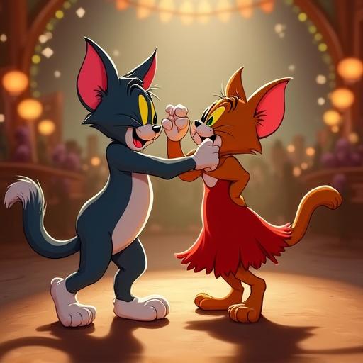 Tom and Jerry dancing salsa in a lively setting. Characters are cheerful and wearing colorful outfits. Background shows an animated party atmosphere with warm lighting.
