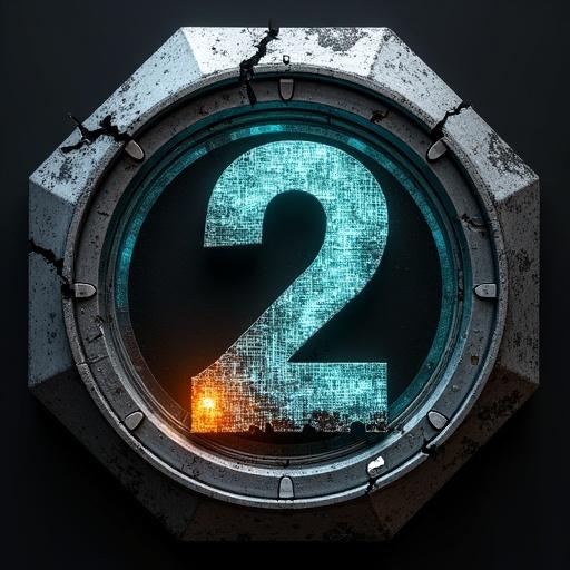 Battle-scarred metal outer ring features cracked hexagonal plating. Holographic core shows a glowing '2'. Left side resembles a combat knife, right dissolves into nanites. Blue concentric sonar pulse suggests battlefield awareness. Orange streak implies data corruption. A skull silhouette subtly appears. Matte black with carbon-fiber texture indicates advanced technology. Features scratches, plasma burns, and damage. Color scheme includes gunmetal gray, void black, and glowing effects.