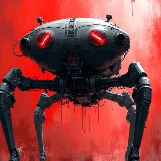 Close-up artwork of a surveillance drone quadrocopter in ink painting style. It embodies elements from Blame! and Half-Life 2. The dominant colors are red and black. The depiction evokes a biomechanical nightmare atmosphere.