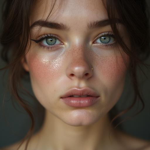 Close-up portrait of a young woman with freckles and beautiful skin. Her eyes are expressive with delicate eyeliner. Soft powder adds an ethereal quality. Lighting creates a gentle glow. Shot in high resolution.