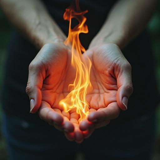 Close-up hands holding flames. Soft lighting emphasizes fire and hands. Dynamic contrast between warmth of fire and skin tone.