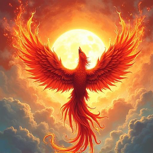 Fiery phoenix soaring with wings spread from behind a bright sun