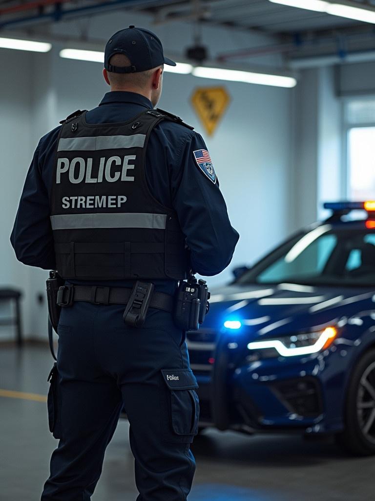 Image of a police officer in tactical gear facing a police vehicle. Setting inside a police station. Focus on the officer and car lighting.