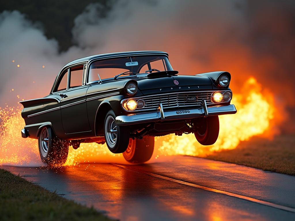 Exciting action shot of a 1960 black Ford Falcon hot rod jumping off a ramp with sparks flying and LED underglow.