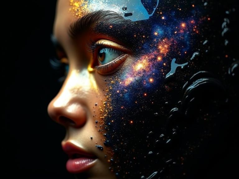 Surreal abstract depiction of a human face with a focus on a single eye. The eye features swirling galaxies and stars in blue, orange, and purple hues. The face is wrapped in glossy liquid-like material blending black and golden tones. Reflective droplets and flowing textures enhance depth. Background is solid black, emphasizing luminous effect.
