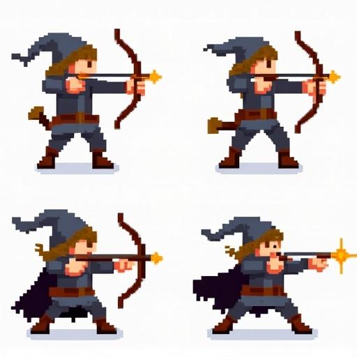 A sprite sheet featuring a pixel-art crossbowman. Four frames capturing the action of firing a magical crossbow. The character exhibits a readiness to engage in battle.