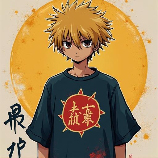 Anime character wearing a t-shirt. Bright colors dominate the image. The character has spiky hair in golden shades. A sun graphic appears behind the character. The shirt features intricate designs related to anime.