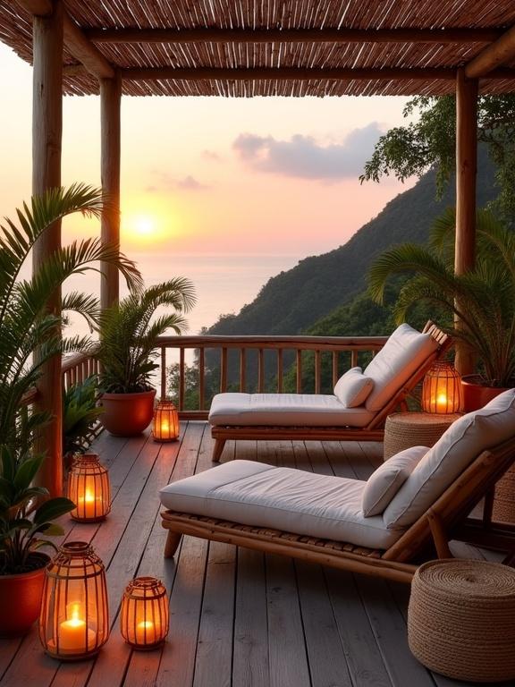 Cozy tropical sunset deck above the sea. Features natural materials and lush greenery. Designed for peaceful lounging during sunset. Includes armchairs, cushions, ottomans, wooden planks, rustic railing, potted plants, lanterns, decorative items. Overlooks ocean at sunset with serene atmosphere.