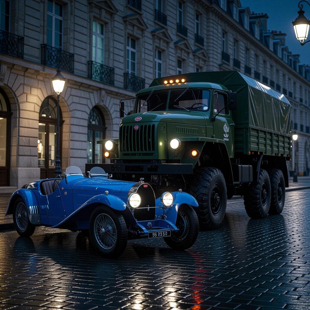 Nighttime scene featuring a 1924 Bugatti Type 35 in French Racing Blue parked beside a Soviet military truck on rain-slicked cobblestones. The Bugatti's headlights are off while the truck's headlights emit strong arctic-blue light without further internal illumination. Scene captures a cinematic contrast between vintage and military vehicle aesthetics under a dark sky.