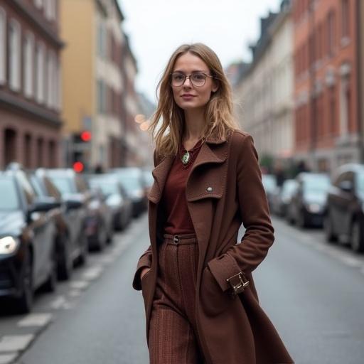 Fashionable Danish woman walks on Copenhagen streets. Woman wears a brown coat. Background features city architecture and parked cars. Urban scene captured in daylight. Emphasizes street style and fashion.