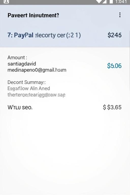 Smartphone displaying PayPal payment proof. Shows a transaction amount of six dollars. Visible email address of santiagodavidmedinapena06@gmail.com. Includes payment summary and account details.
