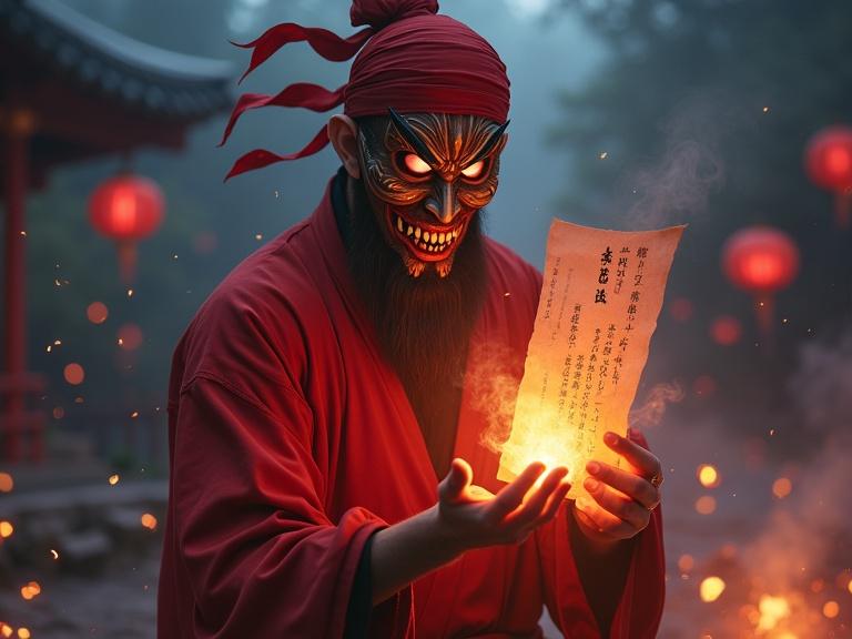 A male character in a red headscarf and a Chinese lianpu mask. The character has long fangs and big evil eyes. He wears a robe and holds a talisman paper with one hand surrounded by evil energy. The background features incense and smoke in a mysterious outdoor setting at night. The character is close to the lens in an action pose, performing a Nuo dance. The scene is atmospheric with dramatic lighting and shading.