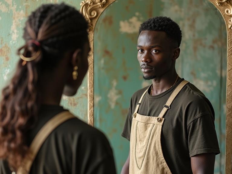 A black person dressed as a humble gardener stands in front of a mirror. The reflection shows a glamorous fashion model. Strong contrast between appearances.