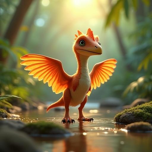 Pixar-quality 3D animated baby Microraptor with quadruple wings in a prehistoric jungle environment. The creature features scientifically accurate anatomy, including bird-like wings and iridescent feathers. The background is filled with giant ferns, bioluminescent flowers, and volumetric sunlight. The design is influenced by styles from Pixar's The Good Dinosaur and Moana, emphasizing soft golden-hour lighting.