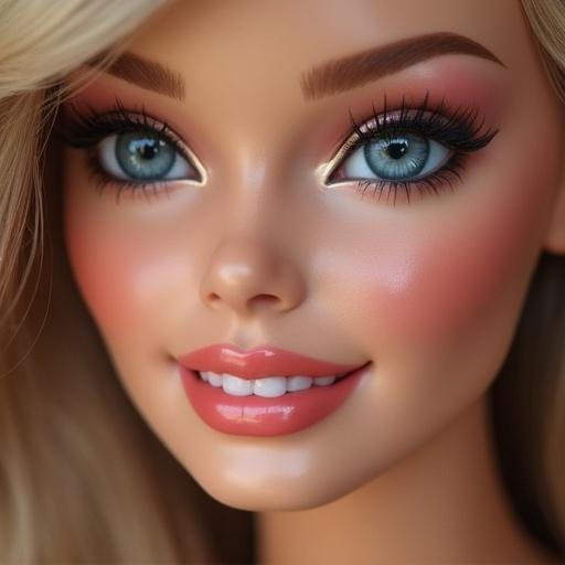 Close-up shot featuring a woman resembling a doll with enhanced features. Emphasis on the smile, eyes, and facial structure. Soft and polished appearance.
