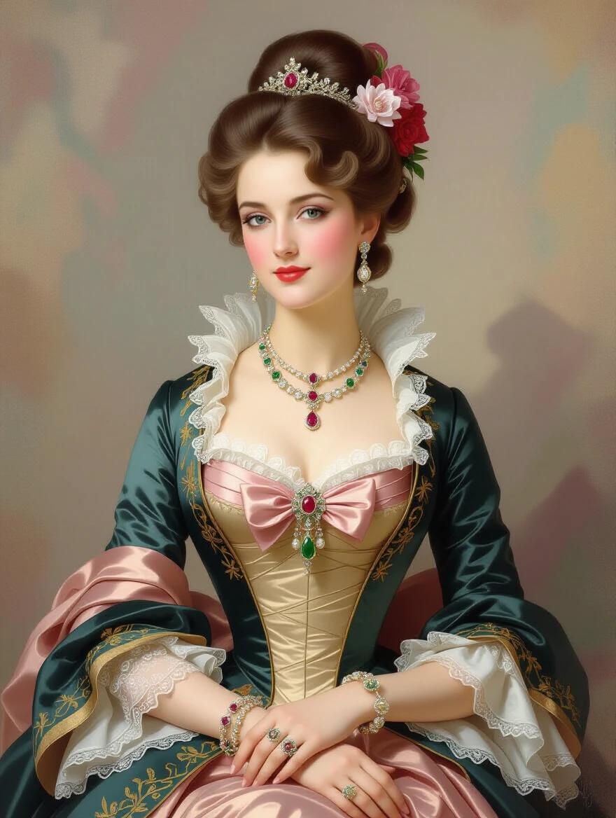 Portrait of an elegant Georgian-era lady dressed in elaborate fashion. She is adorned with luxurious jewelry. The details of the clothing, hairstyle, and accessories are highlighted. Soft lighting and a delicate color palette create a refined atmosphere.