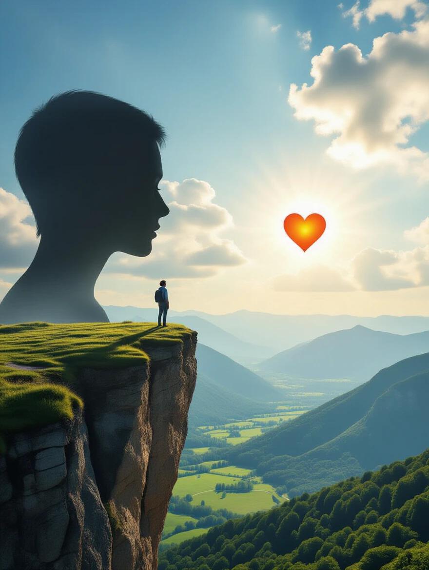 Person stands at cliff edge. Determined expression evident. Dark shadow whispers to ear. Bright light from chest symbolizes heart. Dramatic landscape with clear sky and clouds. Lush green valley below illuminated by sunlight. Evokes overcoming fear and trusting heart. Realistic photography capturing vivid colors.