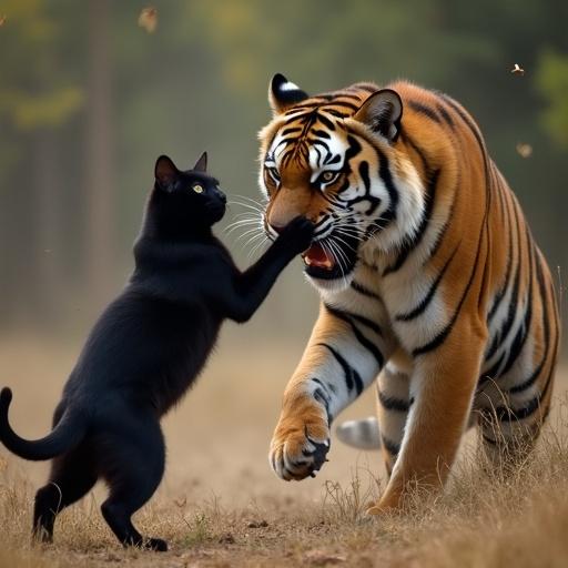 A black cat engages in a fight with a huge tiger. Both animals display fierce expressions. The black cat arches its body, and the tiger stands tall, poised to react.