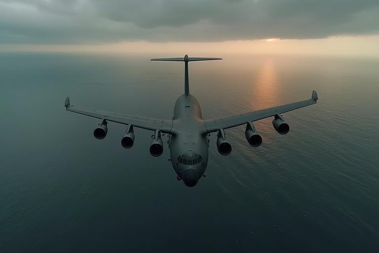 A large dark brown military transport plane at high altitude over the dark ocean. Broad wings with four engines and a bulky fuselage for heavy-duty missions. Shot taken from a drone, showing the plane small against the vast sea. The water shimmers under a moody sky with an orange horizon. Ultra-wide angle adds a majestic, cinematic feel of altitude and purpose.