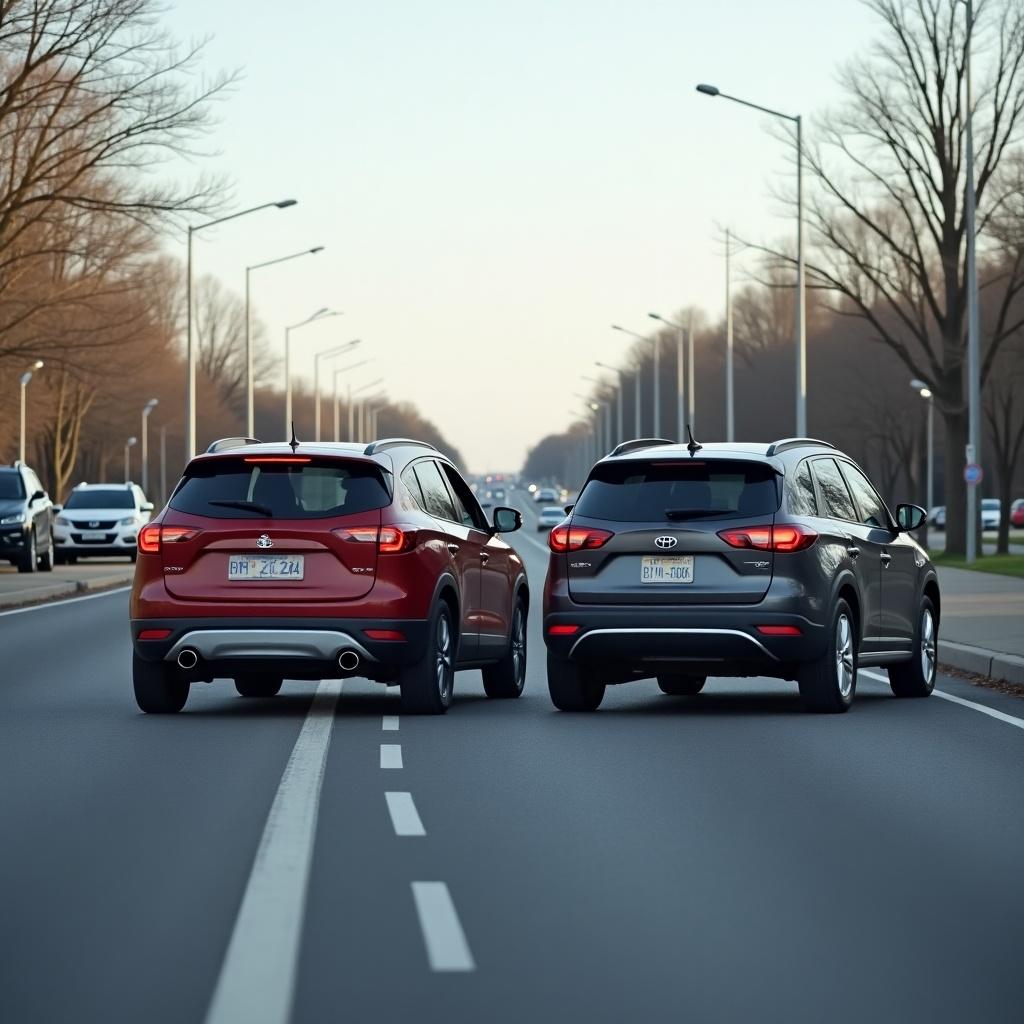 Two vehicles on a suburban road showing a close-up view. One car is red and the other is black. The scene suggests potential danger or an accident but not explicitly visible damage. Trees line the road, and streetlights are present. A clear horizon suggests early evening.