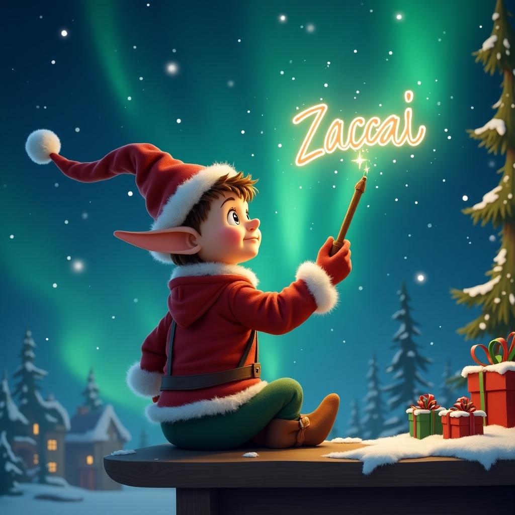 A cheerful brown boy elf is depicted sitting on a wooden ledge, wearing a vibrant red outfit with a festive hat. He is playfully using a wand to write the name 'Zaccai' in the starry night sky. The background features a magical winter setting, illuminated by the beautiful Northern Lights. Surrounding him are colorful presents, enhancing the Christmas theme. The scene is whimsical and evokes a sense of holiday cheer and wonder.