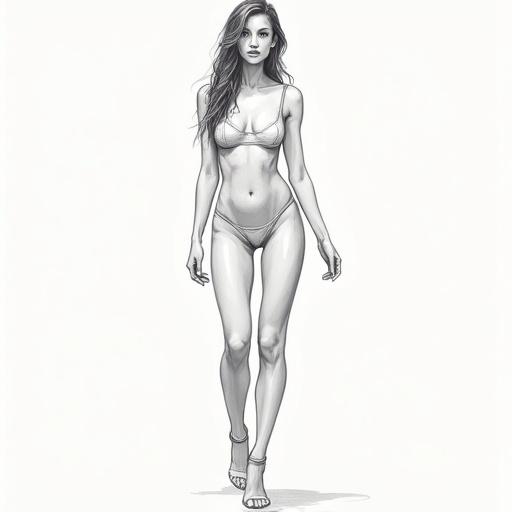 A clean full body sketch featuring a female figure in a walking pose. The sketch is detailed and focuses on the anatomical features.
