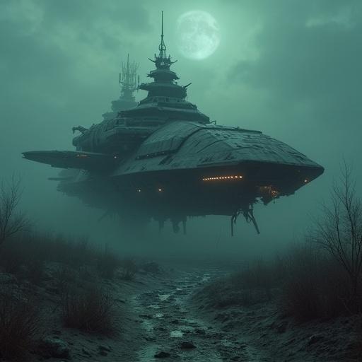 A broken spaceship from a horror video game. The spaceship appears derelict and is surrounded by a foggy landscape. The scene is illuminated by a green light with a large moon in the background.