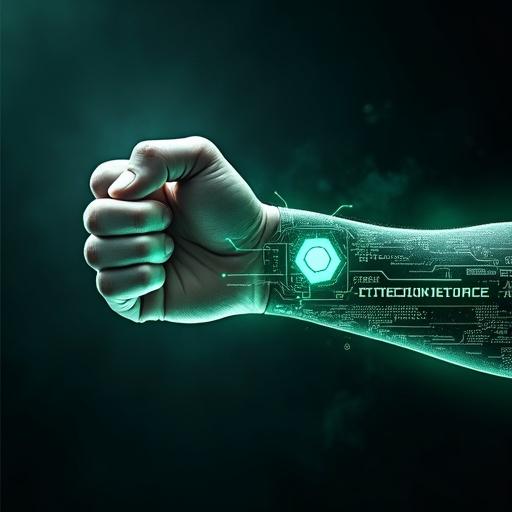 A futuristic human hand is shown with a clenched fist. High-tech holographic displays project from the arm. The forearm has a glowing system interface labeled 'SYSTEM COMPLETE' with green digital code. A subtle hexagonal implant is visible under the skin. The background is dark and smoky, enhancing the glowing holograms with a cyberpunk feel.