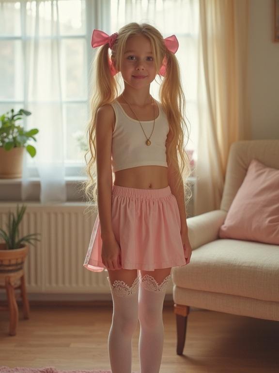 A young girl stands in a soft-lit living room. She has long blonde hair styled in twin tails with pink bows. She wears a short crop top and a pale pink miniskirt. Her thigh-high socks have lace detail. The room has warm tones, a sofa, and a plant beside her.