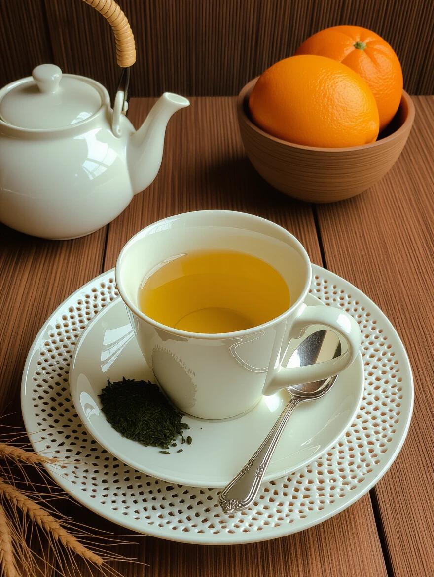 A cup of green tea sits on a perforated white saucer. Green tea leaves are placed beside it. A teapot is nearby along with oranges in a bowl. The scene is on a warm wooden table.