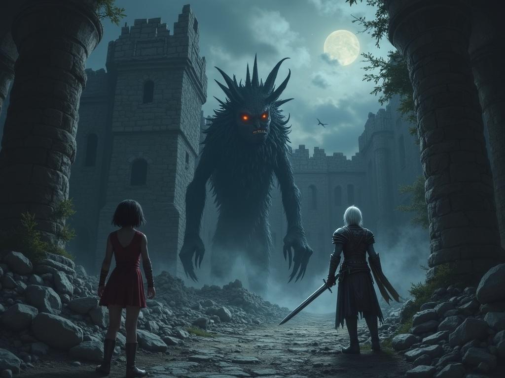 A ruined castle under a dark sky. A creature with glowing eyes lurks in the shadows. A white-haired warrior stands ready with a silver sword. A young girl with short hair hides behind a column, watching. The atmosphere is tense with echoes and distant howling.