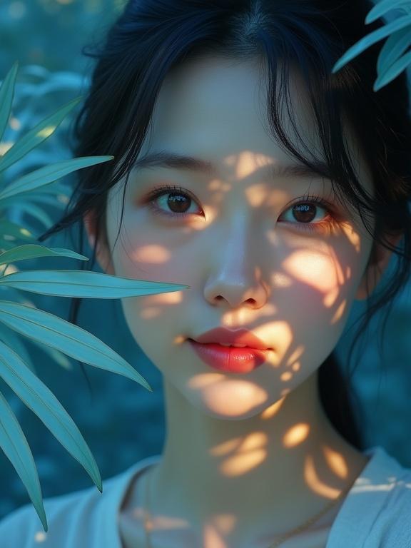 Close-up portrait of a woman's face partially obscured by blue-toned foliage. Light-colored eyes gaze softly, framed by patterns of golden light filtering through the leaves. Shadows across her smile. Cool blue tones contrast with warm highlights, creating a calming atmosphere. Soft blurred landscape enhances hidden grove feel.
