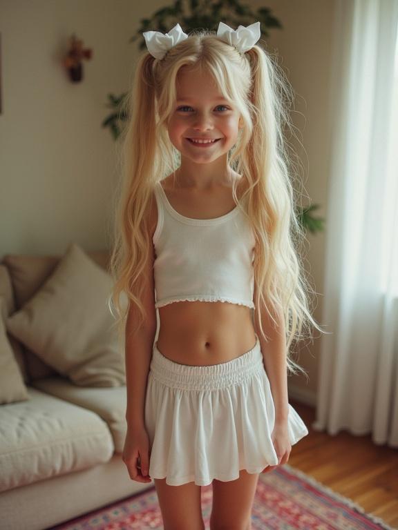 Image of a young girl with long blonde hair styled in twin tails. She wears a white crop top and an ultra low-rise micro skirt. The setting is a living room with natural light illuminating the scene. The girl smiles and poses in front of a sofa.