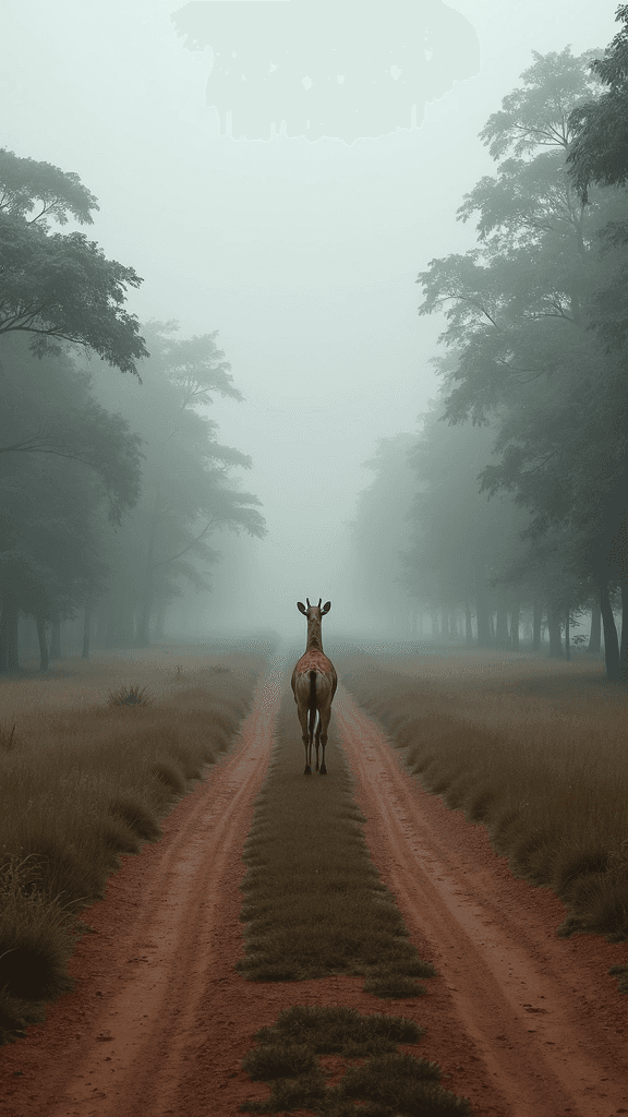 A lone giraffe walks down a foggy dirt road flanked by trees and grasslands, creating a serene and mysterious atmosphere.
