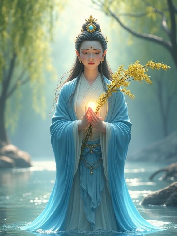 Avalokiteshvara Bodhisattva depicted standing by ancient river holding golden willow branch and jewel draped in pale blue robes jewel emitting soft light face compassionate flowing hair adorned with jade-studded crown eyes radiating mercy lips curved in smile standing gracefully willow branch brushing river's surface robes glowing blue rendered in Disney-Pixar style blended with dynamic realism vibrant palette soft blurred background ancient river willow trees sunlight streaming in creating surreal ambiance