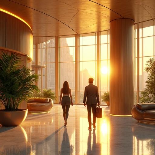 Anime inspired scene of a spacious luxurious digibank VIP lounge. Modern and high-tech interior design. Two high-ranking customers, dressed in edgy fashion, walking towards the sunlight. Morning atmosphere in Los Angeles. Rich colors including light gold and onyx black. Features plants and elegant furniture.