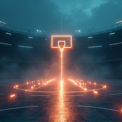 Surrealist illustration of an empty basketball court at dusk. The court glows with imprints of famous footsteps and phantom basketballs. The scene is filled with a dense mist and swirling light patterns from a glowing hoop. No humans or text visible. Atmosphere of reverence and athleticism.