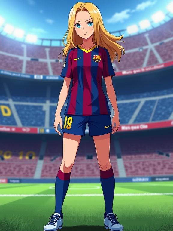 Digital anime illustration of a character wearing FC Barcelona women's team jersey on Camp Nou field. Blonde hair flows. Blue eyes focused. Stadium's architecture with signage visible. Dramatic lighting from floodlights. Stylized anime art with detailed textures.