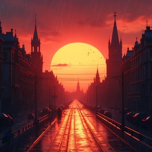 Anime-style illustration of a sunset in Moscow during a post-apocalyptic rainy day. Large sun on the horizon casts an orange glow over a deserted street. Wet pavement reflects the vibrant colors. Tall buildings line the street.