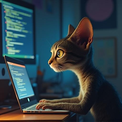 Catlike creature in front of a laptop typing code. Desktop setup. Soft lighting creates a cozy atmosphere.