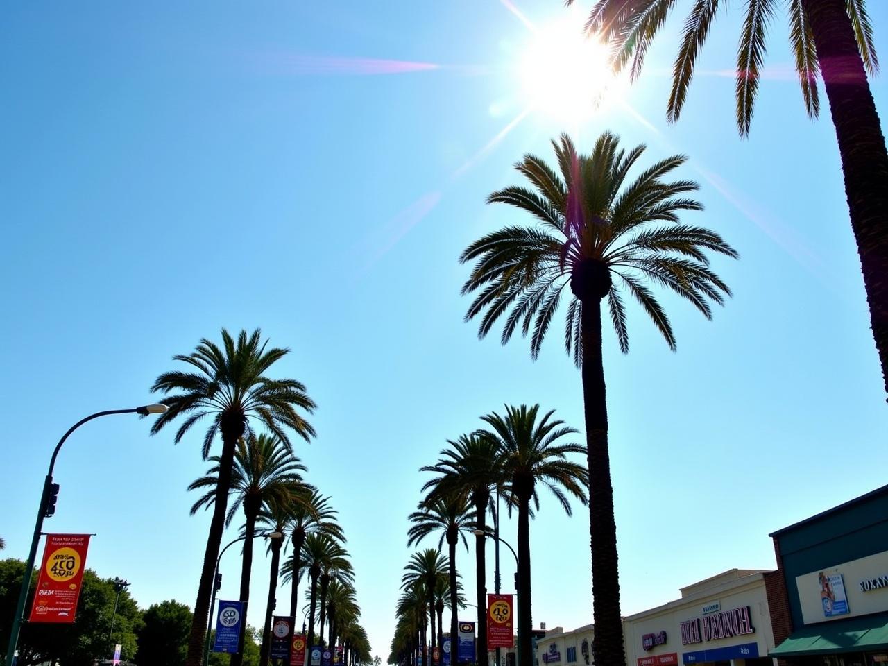 The image shows a sunny street scene with palm trees lining the road. There is a clear blue sky with bright sunlight shining down, creating a warm atmosphere. On the street, there is a road sign indicating a speed limit of 40. Nearby, banners hang from the streetlights advertising a festival. The buildings in the background appear to be commercial establishments, contributing to a vibrant urban setting.